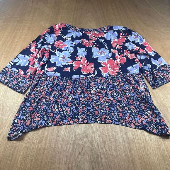 Isaac Mizrahi Live Floral Blouse Navy Pink Blue V Neck 3/4 Sleeve Womens L - Picture 2 of 5